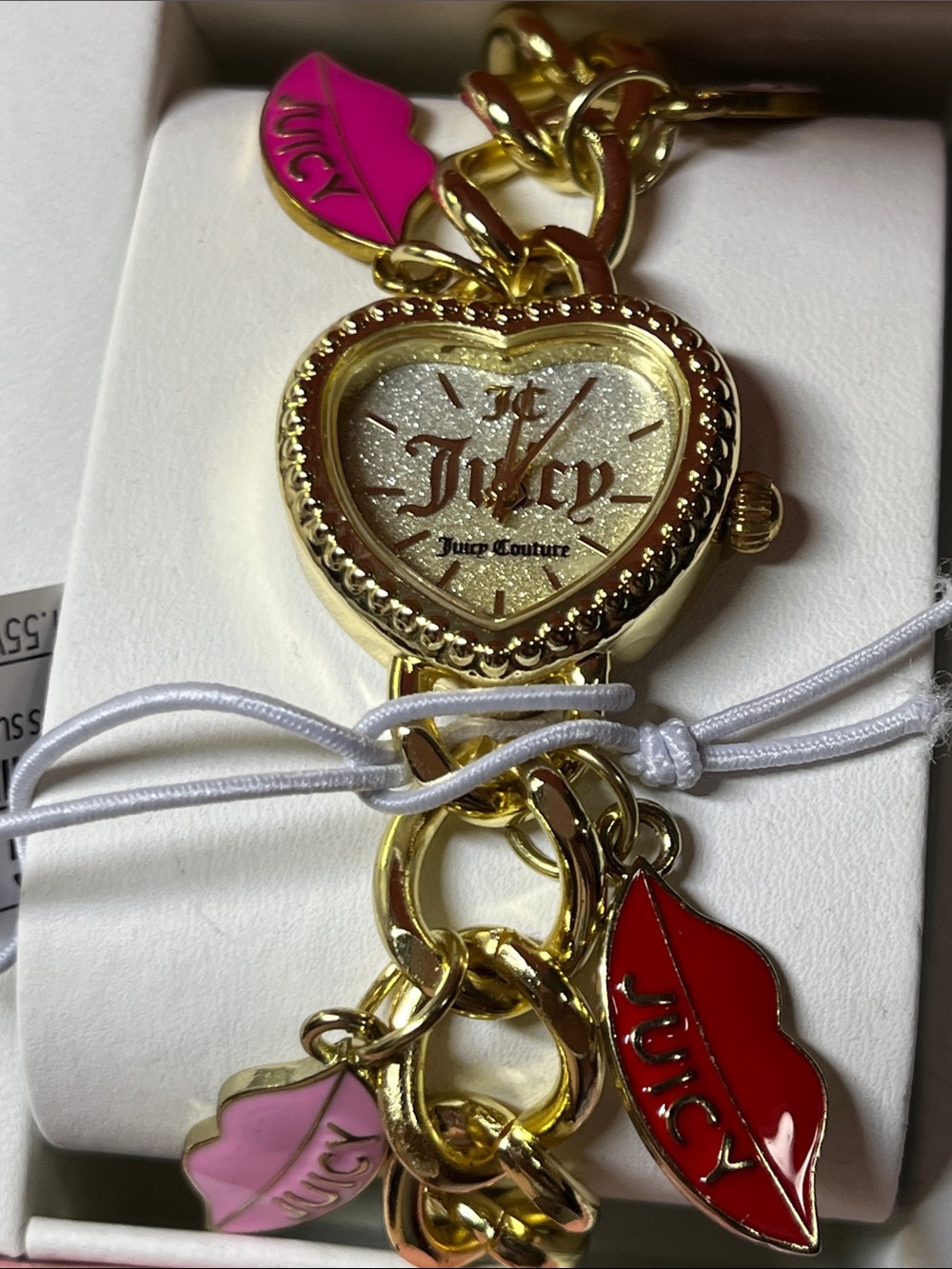 Juicy Couture Gold Heart Charm Bracelet Watch with Pink and Red Lip Charms